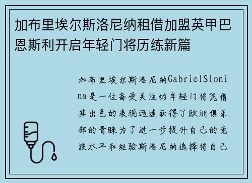 加布里埃尔斯洛尼纳租借加盟英甲巴恩斯利开启年轻门将历练新篇